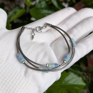 Fossil Silver Tone Triple Cable Bracelet w/ Blue Glass Beads
